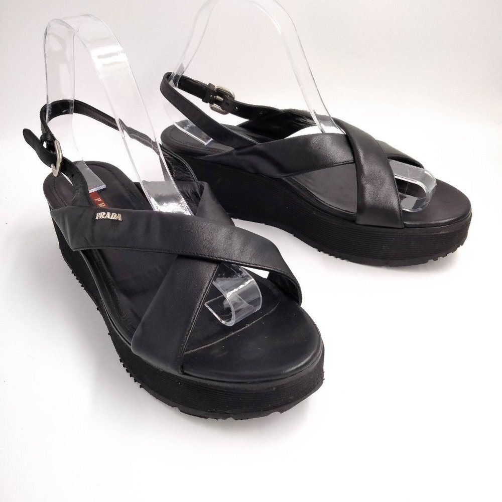 Prada Black 90s Criss Cross Platform Sandals 40 10